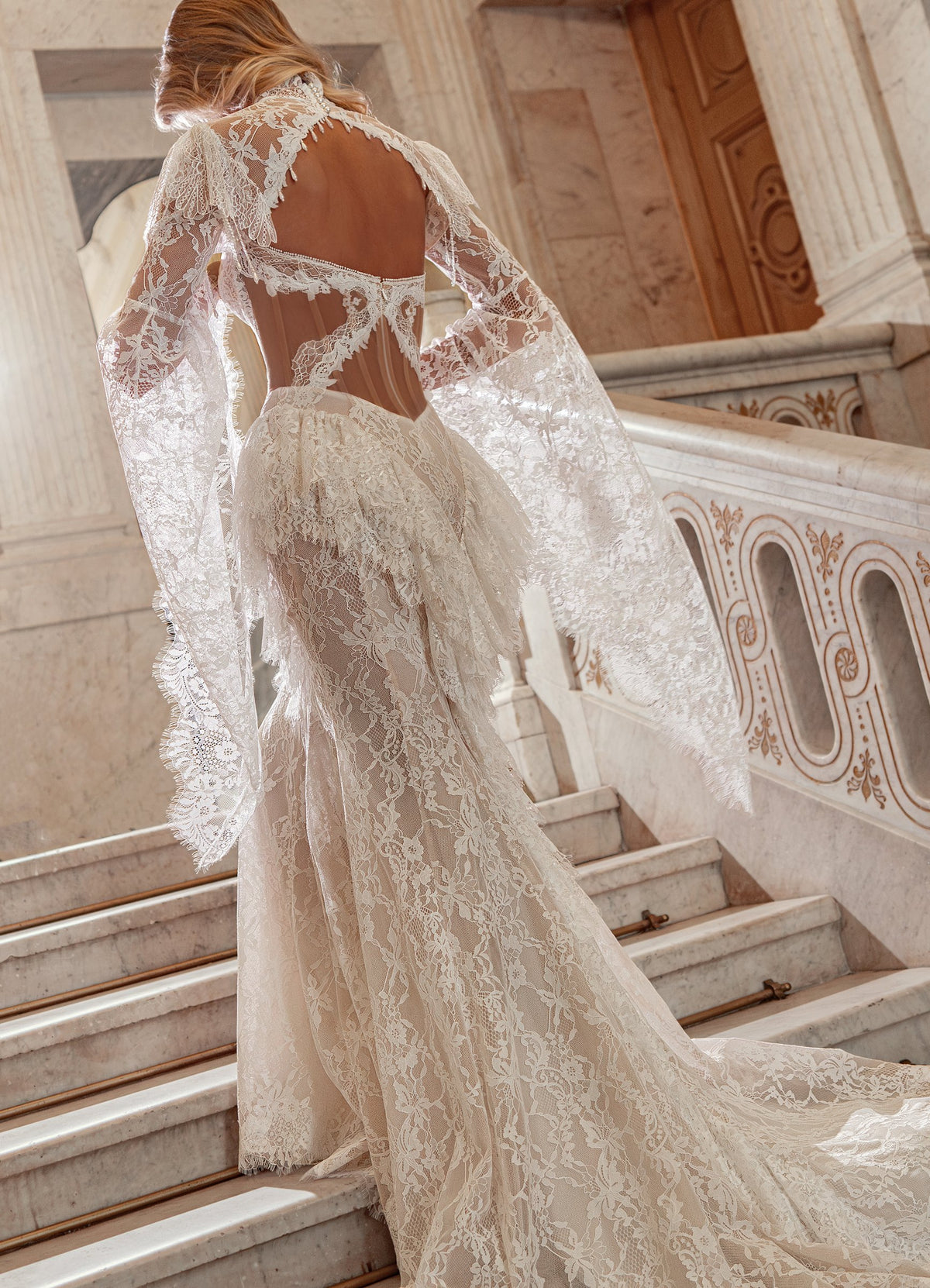 Lace Mermaid Wedding Dress with Removable Flared Bell-Sleeve Bolero - photo 2