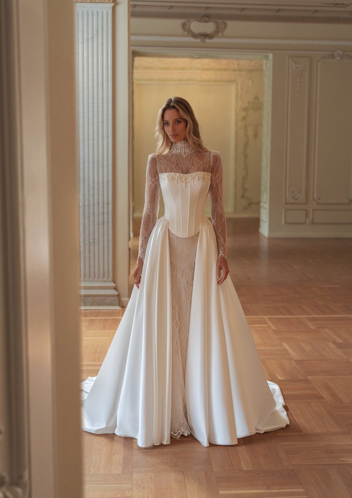 Lace Mermaid Wedding Dress with High-Neck Sleeves and Detachable Satin Corset Overskirt - photo 2