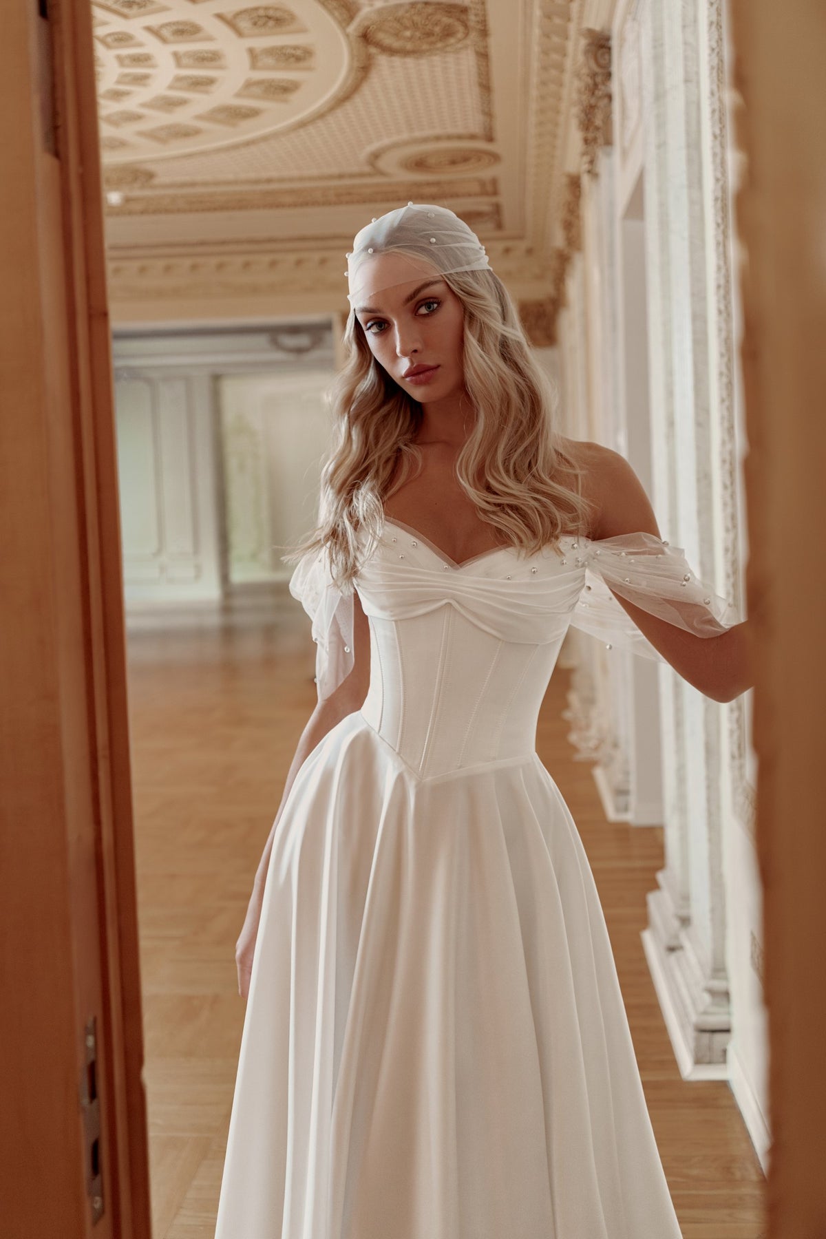 Satin A-Line Wedding Dress with Off-Shoulder Draped Straps and Sweetheart Corset - photo 2