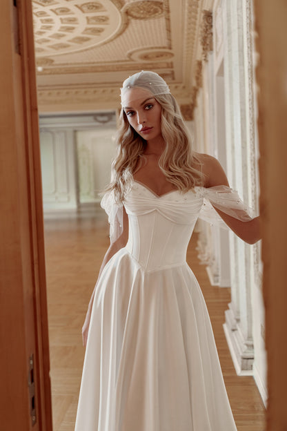 Satin A-Line Wedding Dress with Off-Shoulder Draped Straps and Sweetheart Corset - photo 2