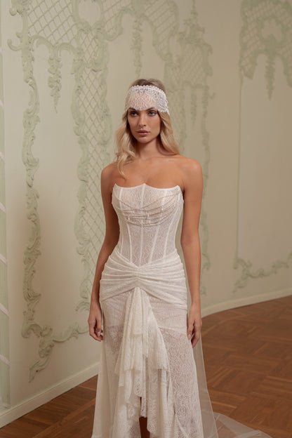 Strapless Corset Wedding Dress with Draped Asymmetric High-Low Lace Skirt - photo 2