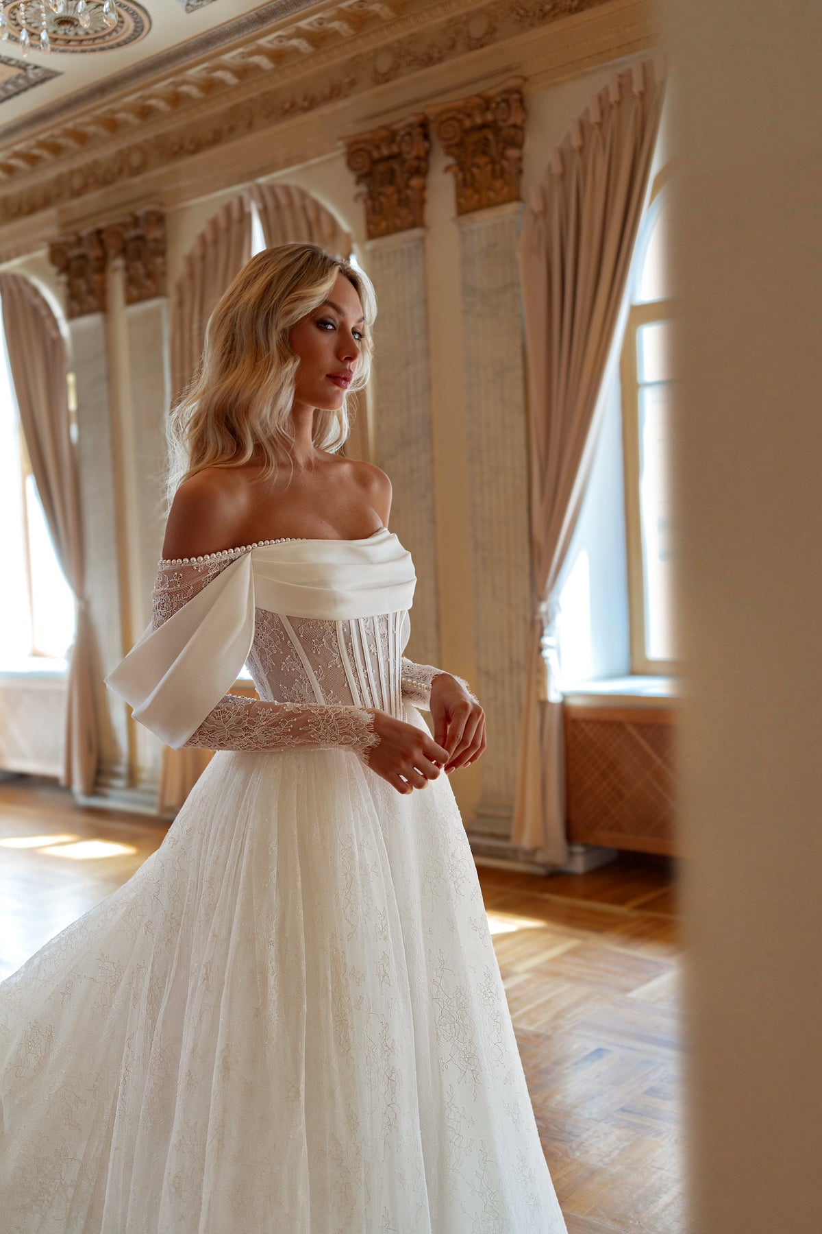 A-Line Wedding Dress with Off-Shoulder Cowl Neckline and Puffed Sheer Lace Sleeves - photo 2