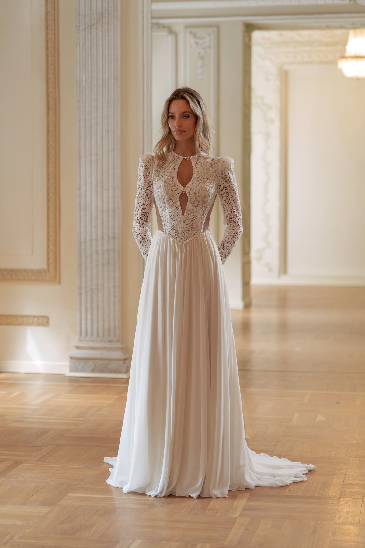 Crepe Chiffon Wedding Dress with Lace Keyhole Bodice, Long Sleeves and High Slit - photo 2