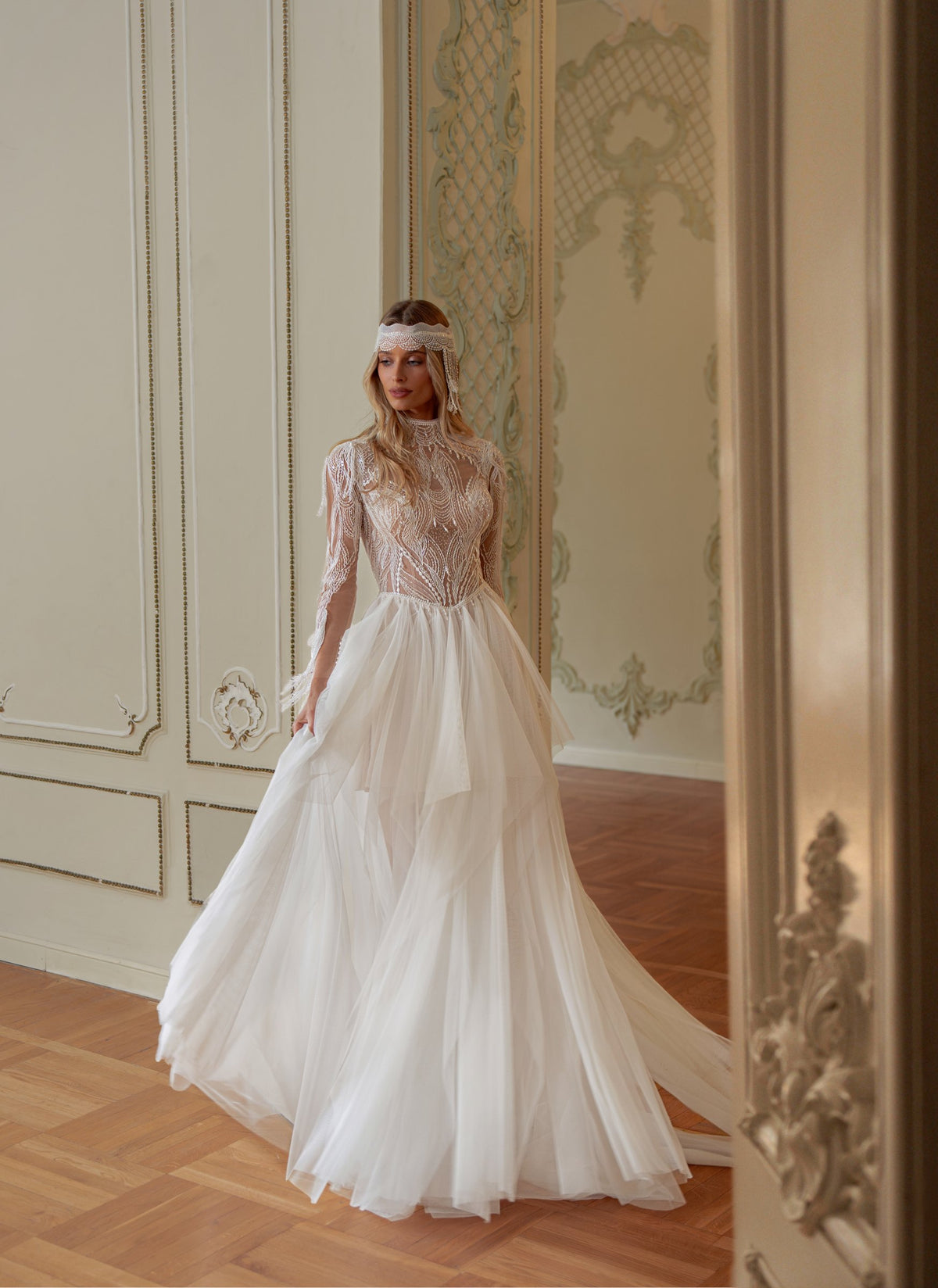 Lace Wedding Dress with Beaded Fringe Bodice, Long Sleeves and Layered Tulle Skirt - photo 2