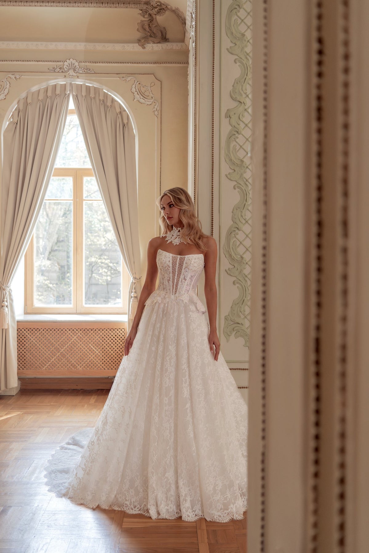 Strapless Sheer Corset Lace Ball Gown Wedding Dress with Peplum, Slit and Lace Choker - photo 2