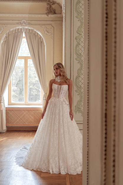 Strapless Sheer Corset Lace Ball Gown Wedding Dress with Peplum, Slit and Lace Choker - photo 2