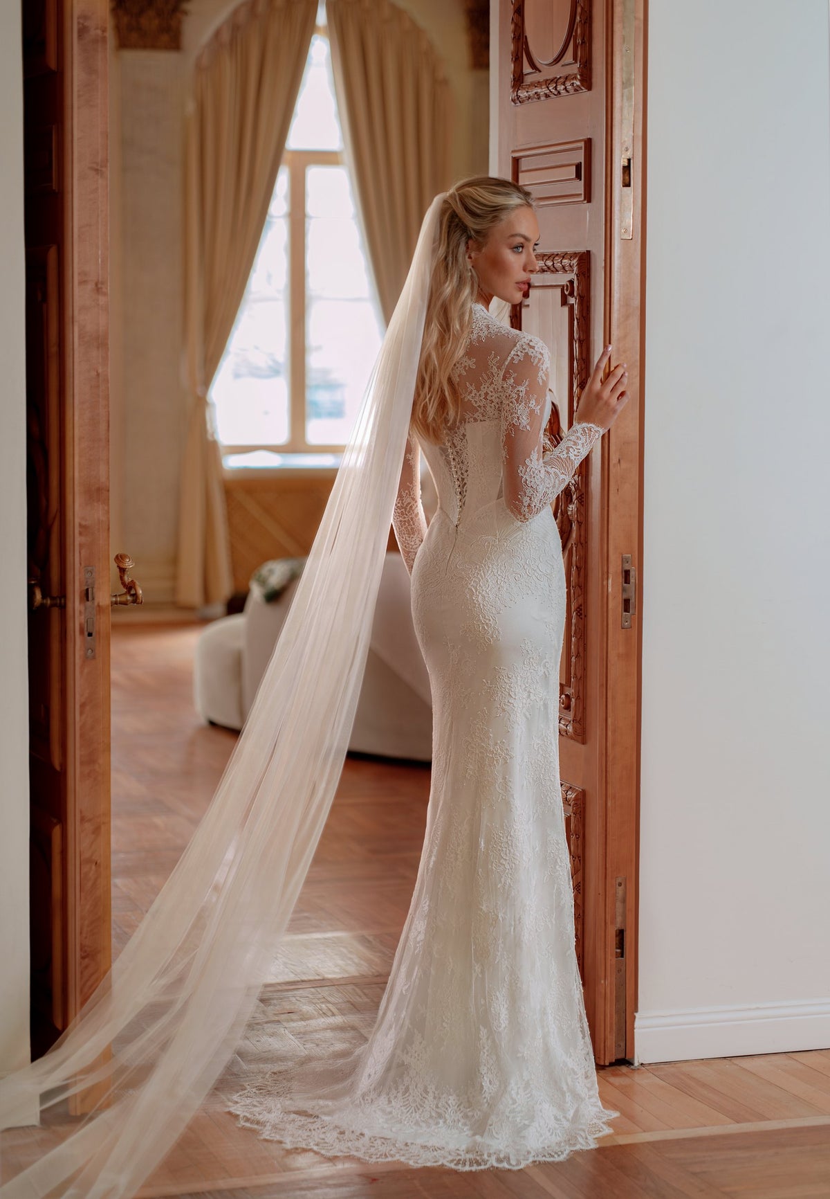 Lace Sheath Wedding Dress with Sweetheart Illusion Neckline and Long Sheer Lace Sleeves - photo 3