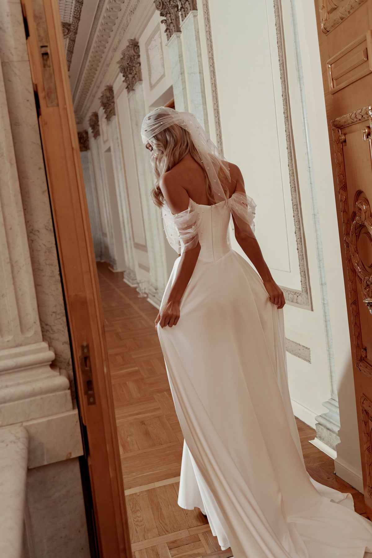 Satin A-Line Wedding Dress with Off-Shoulder Draped Straps and Sweetheart Corset - photo 3