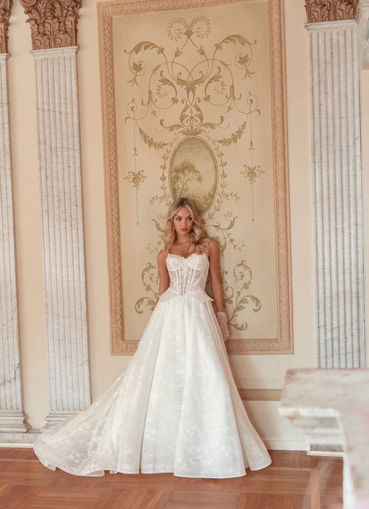Tulle Ball Gown Wedding Dress with Sweetheart Lace Corset, Straps and Peplum - photo 3