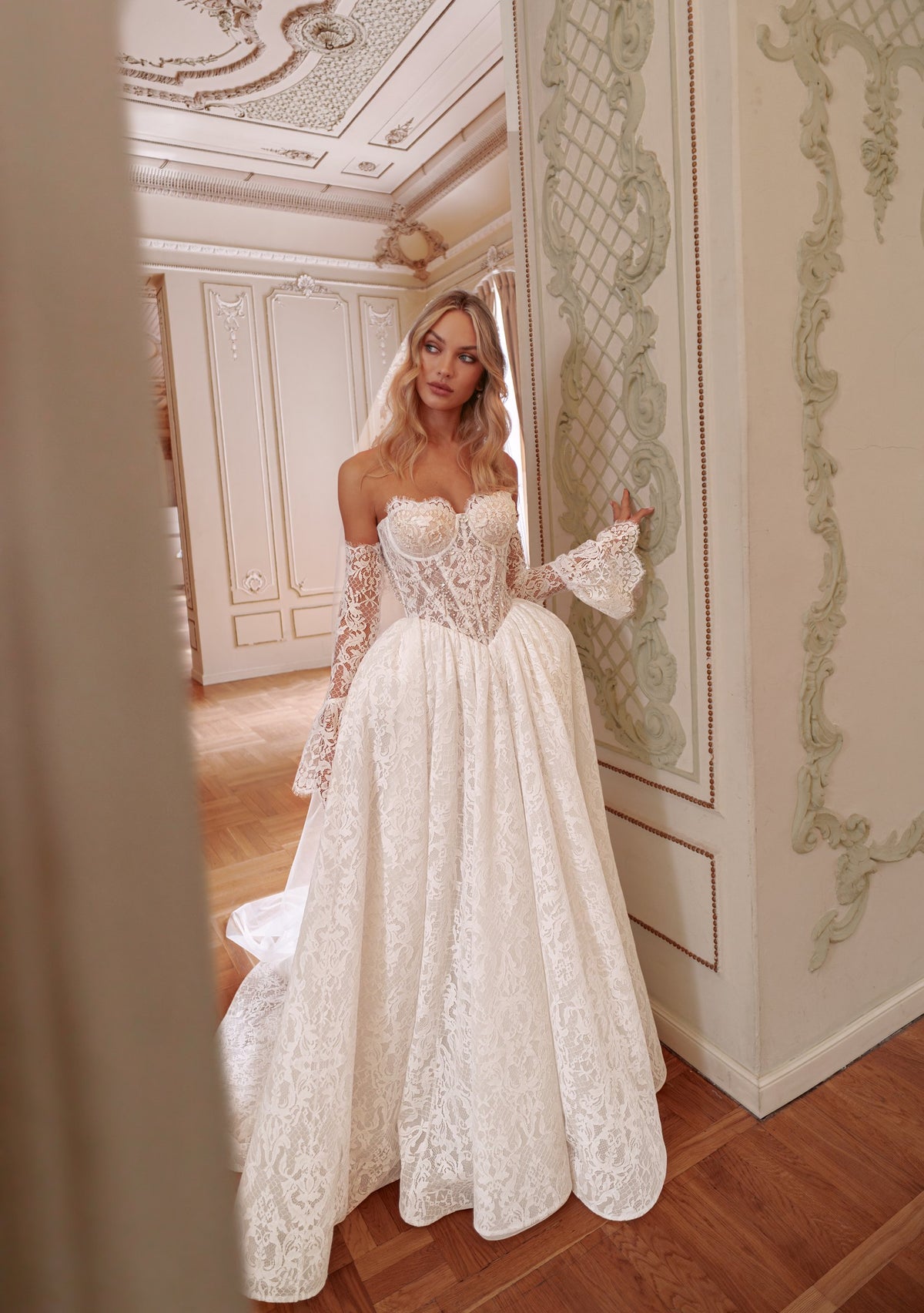 Lace Ball Gown Wedding Dress with Off-Shoulder Sheer Corset and Lace Sleeves - photo 3