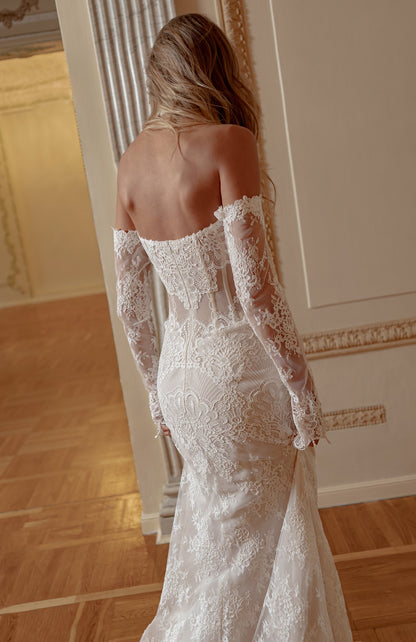 Off-Shoulder Lace Mermaid Wedding Dress with Sheer Corset, Lace Sleeves and Scalloped Train - photo 3