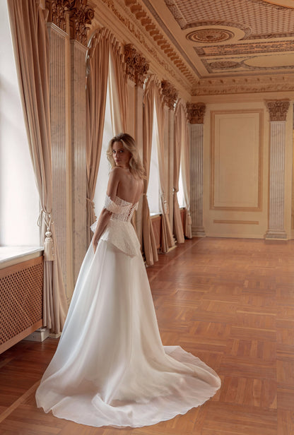 Off-Shoulder Lace Mermaid Wedding Dress with Peplum and Detachable Organza Overskirt - photo 3