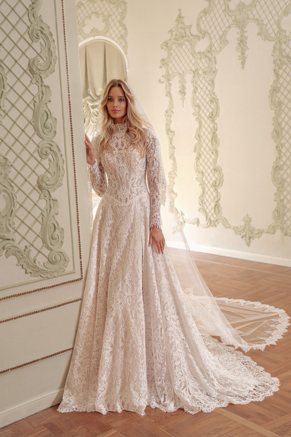Lace A-Line Wedding Dress with High-Neck Long Sleeves, Corset Bodice and Slit - photo 3