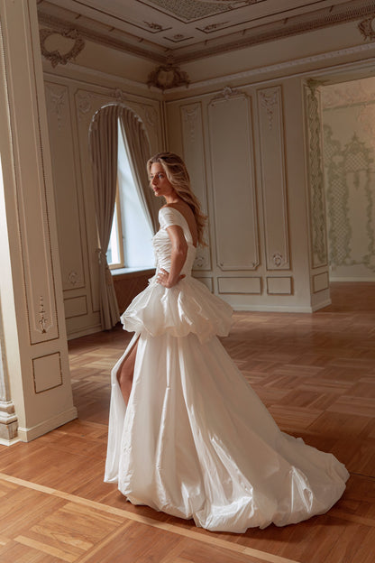 Convertible Taffeta Wedding Dress with Off-Shoulder Ruched Bodice and Removable Skirt - photo 3