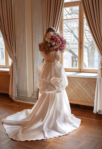 Strapless Lace Mermaid Wedding Dress with Long Sleeves and Detachable Satin Train - photo 3