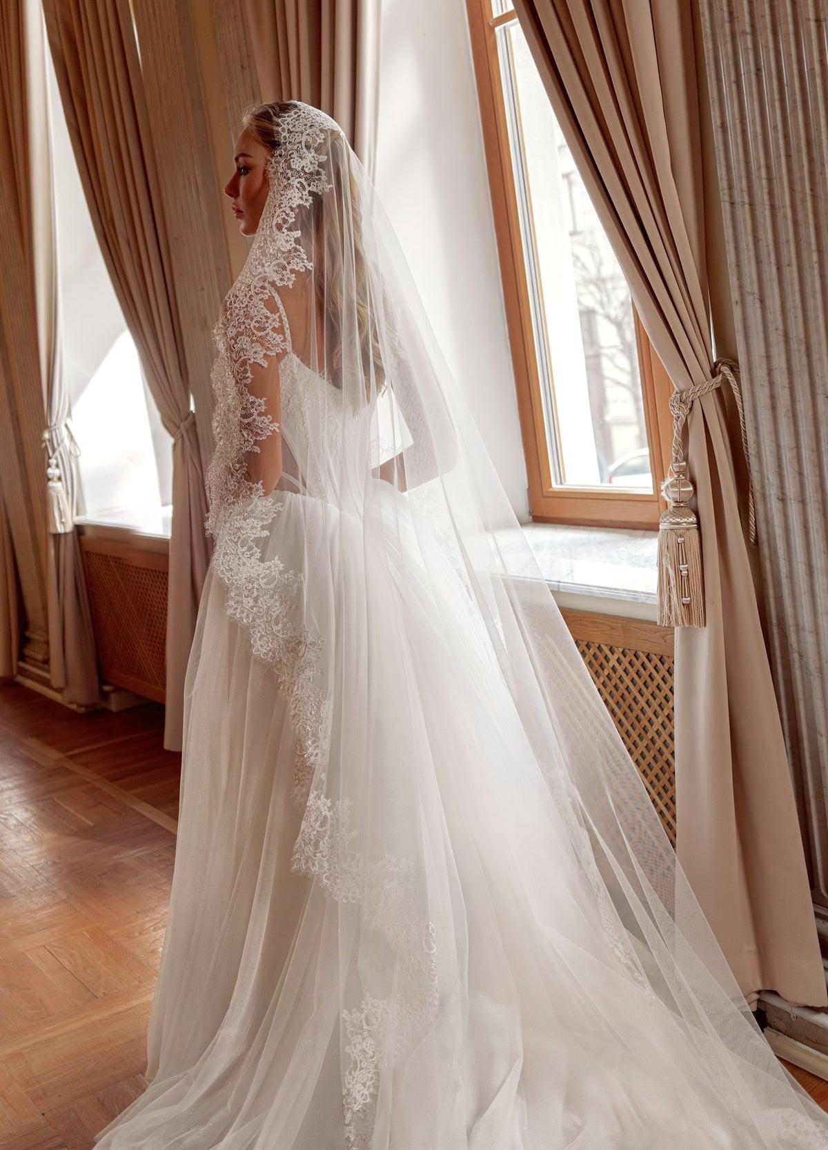 Tulle Ball Gown Wedding Dress with Spaghetti Strap Corset and Lace Mantilla Veil - photo 3