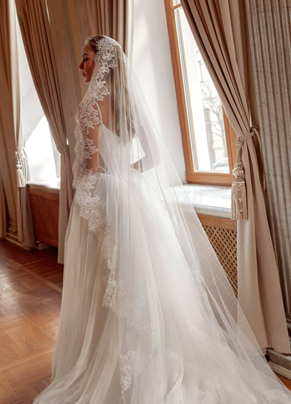 Tulle Ball Gown Wedding Dress with Spaghetti Strap Corset and Lace Mantilla Veil - photo 3