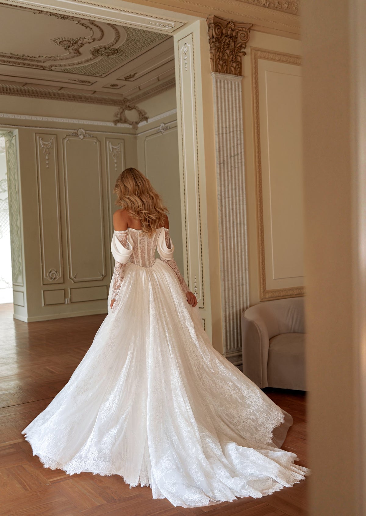 A-Line Wedding Dress with Off-Shoulder Cowl Neckline and Puffed Sheer Lace Sleeves - photo 3