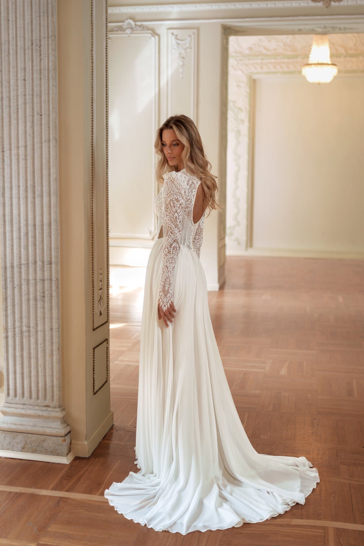 Crepe Chiffon Wedding Dress with Lace Keyhole Bodice, Long Sleeves and High Slit - photo 3