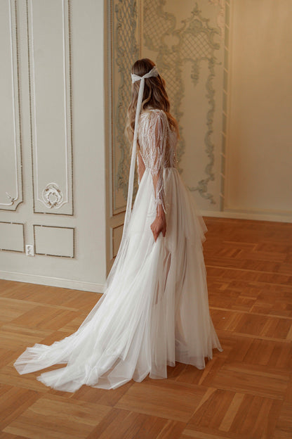 Lace Wedding Dress with Beaded Fringe Bodice, Long Sleeves and Layered Tulle Skirt - photo 3