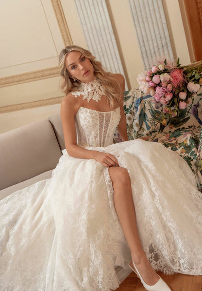 Strapless Sheer Corset Lace Ball Gown Wedding Dress with Peplum, Slit and Lace Choker - photo 3