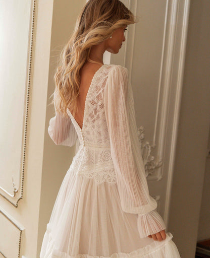 Boho Tiered Lace and Tulle Wedding Dress with Plunging V-Neck, Sheer Sleeves and Open Back - photo 3