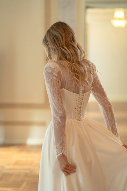 Lace Mermaid Wedding Dress with High-Neck Sleeves and Detachable Satin Corset Overskirt - photo 3