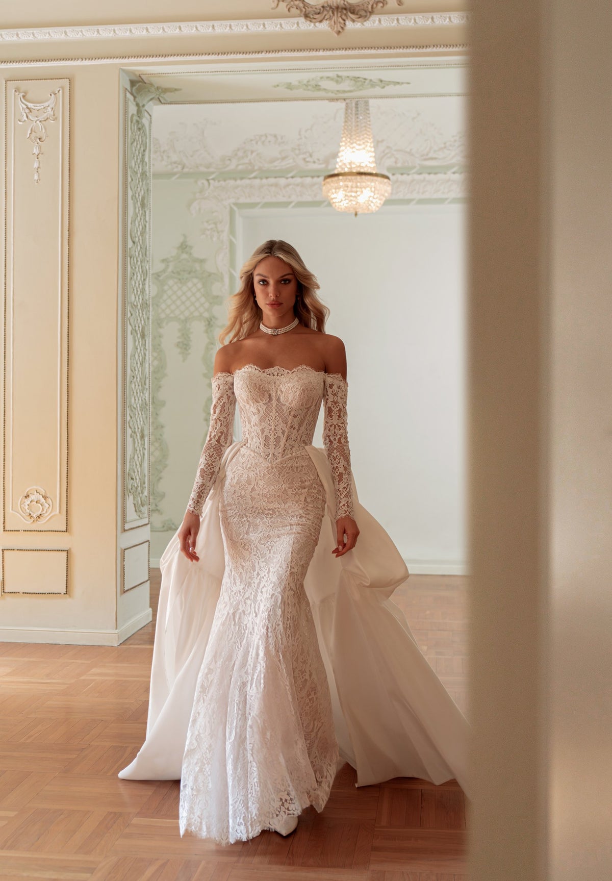 Strapless Lace Mermaid Wedding Dress with Long Sleeves and Detachable Satin Train - photo 4