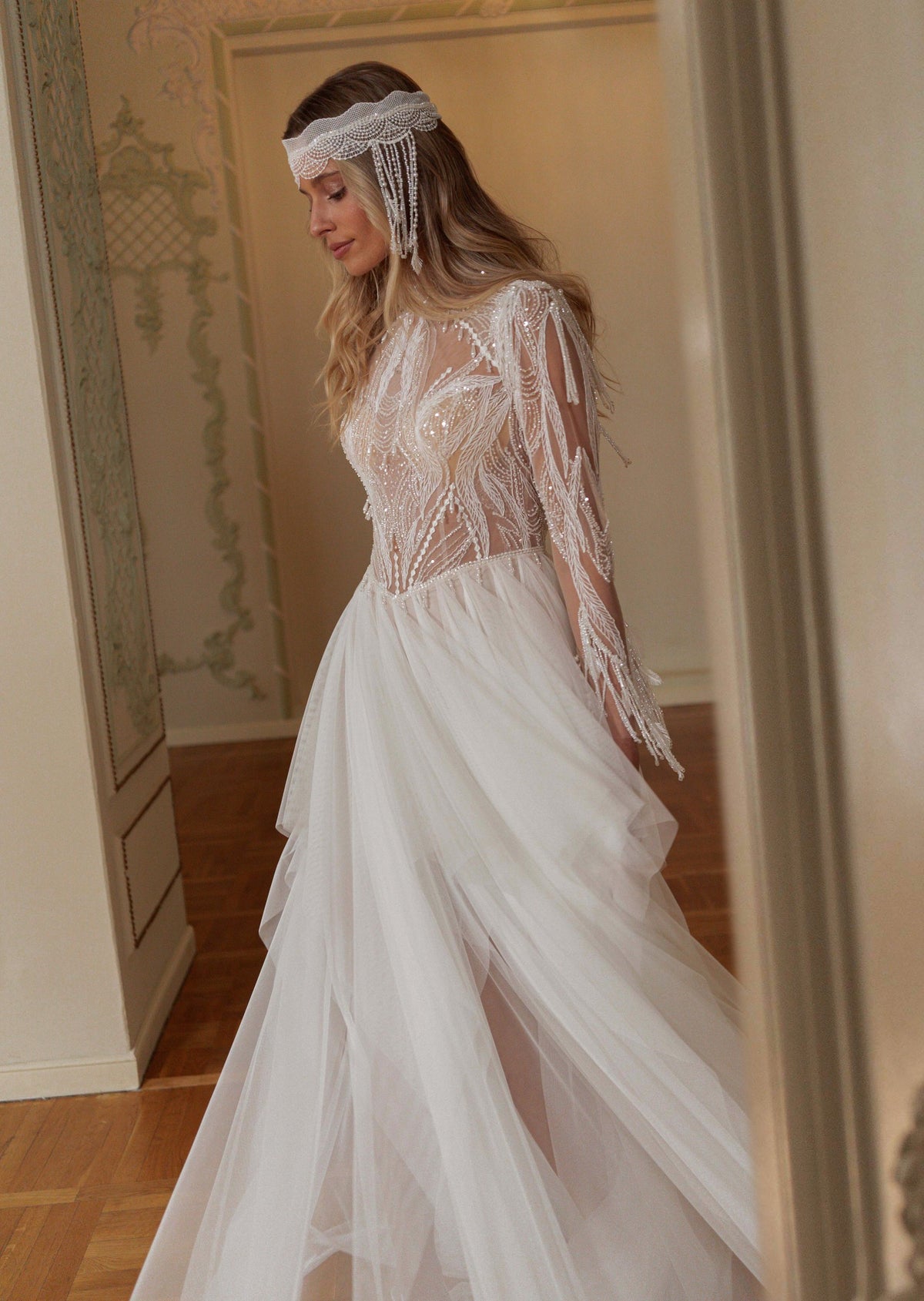 Lace Wedding Dress with Beaded Fringe Bodice, Long Sleeves and Layered Tulle Skirt - photo 4