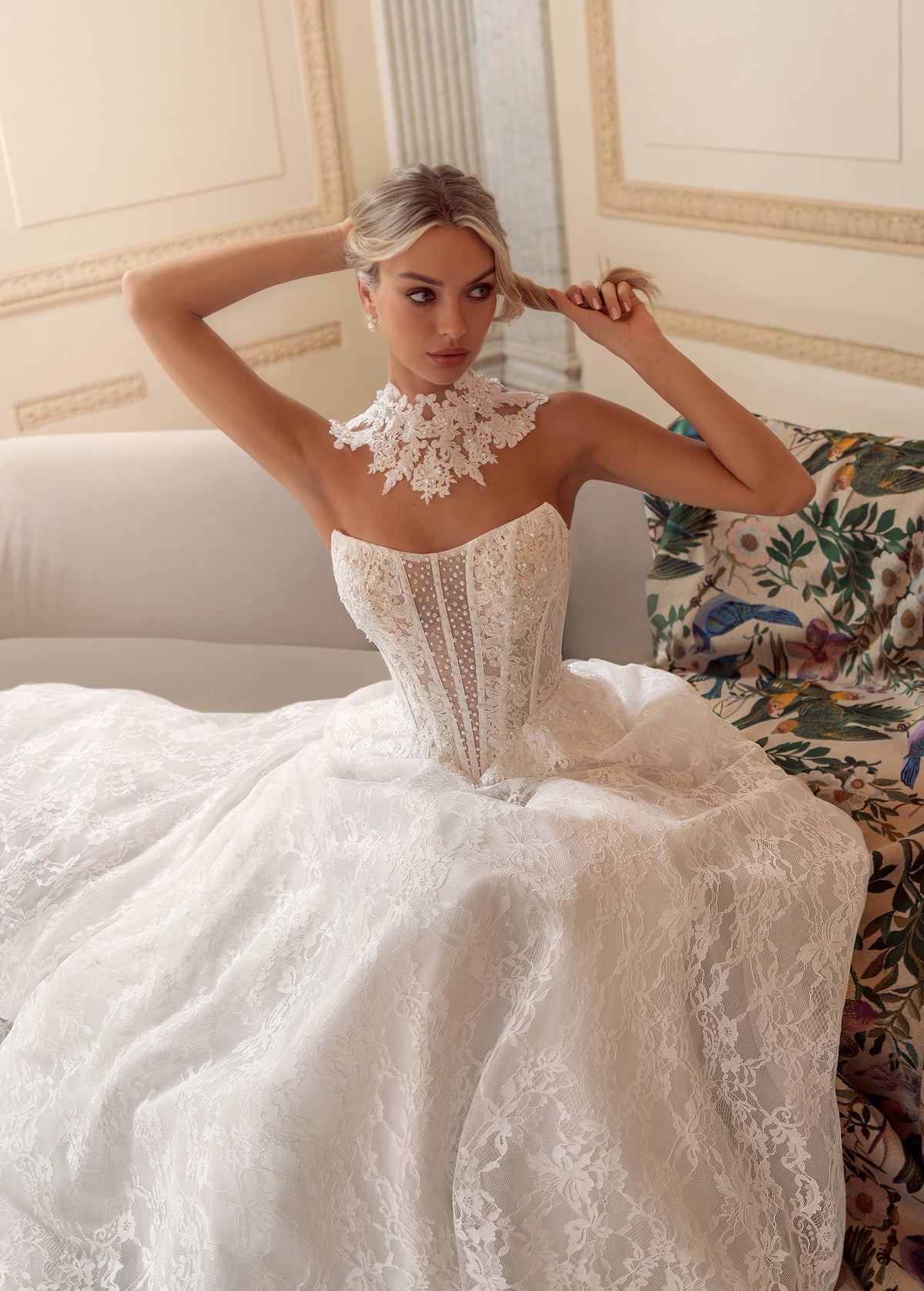 Strapless Sheer Corset Lace Ball Gown Wedding Dress with Peplum, Slit and Lace Choker - photo 4