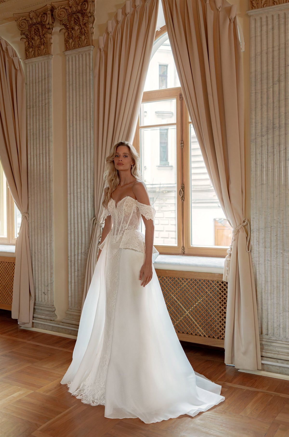 Off-Shoulder Lace Mermaid Wedding Dress with Peplum and Detachable Organza Overskirt - photo 4