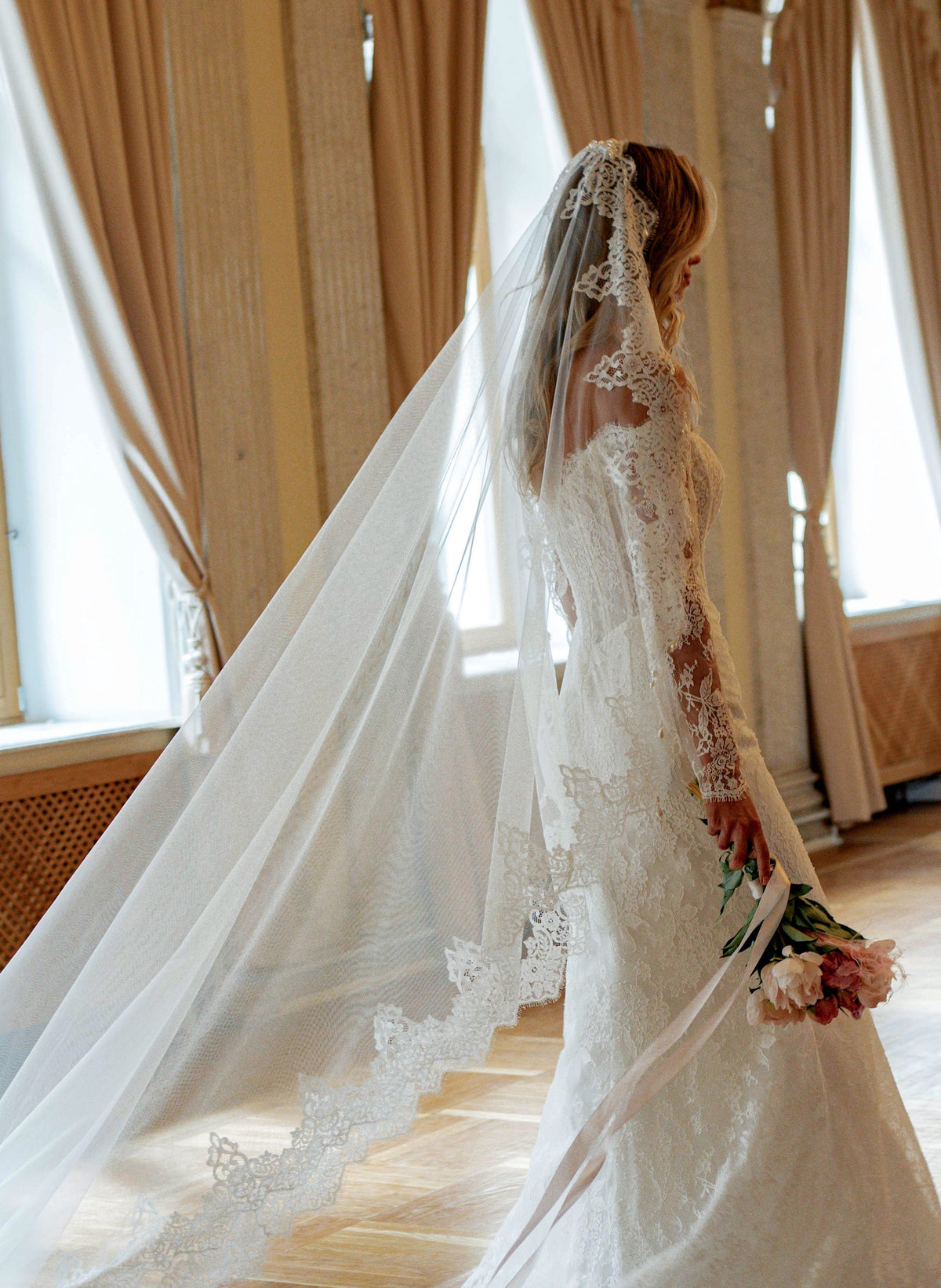 Lace Mermaid Wedding Dress with Plunging Illusion Corset and Sheer Lace Sleeves - photo 4