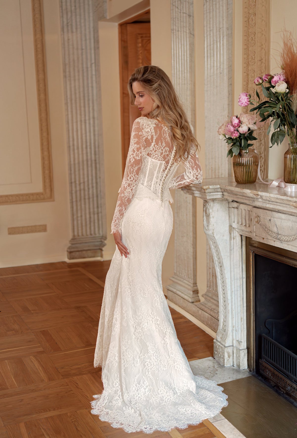 Lace Mermaid Wedding Dress with High-Neck Sheer Sleeves, Peplum Corset and Scalloped Train - photo 4