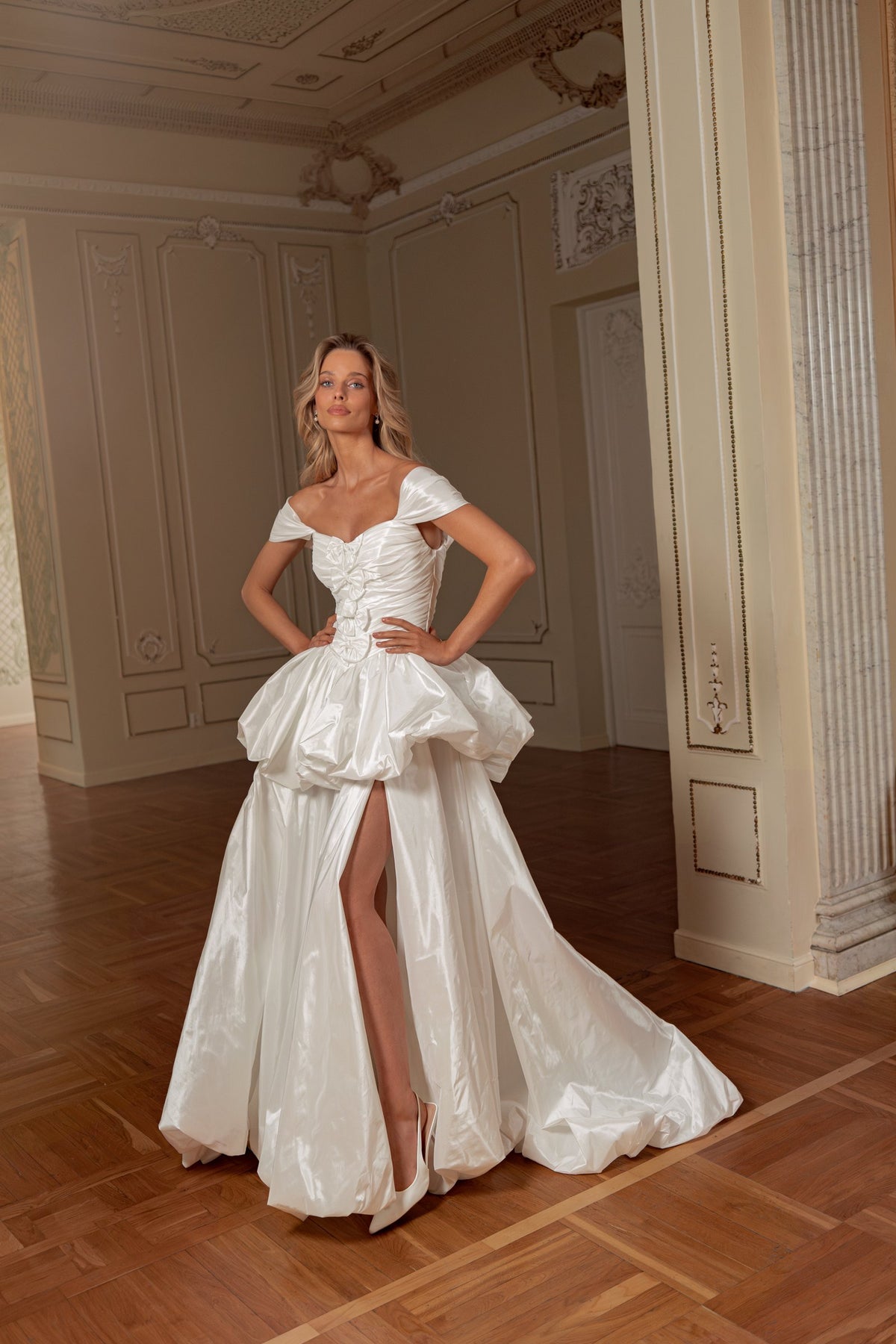 Convertible Taffeta Wedding Dress with Off-Shoulder Ruched Bodice and Removable Skirt - photo 4
