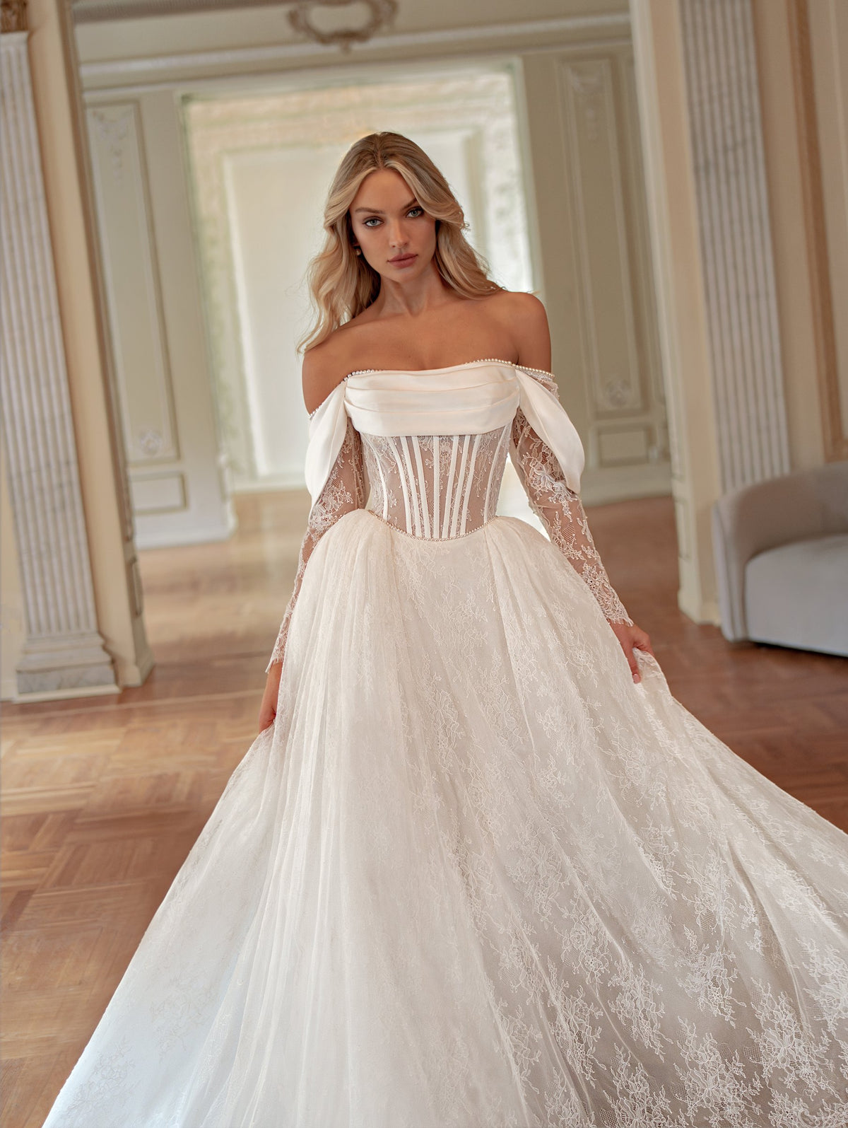 A-Line Wedding Dress with Off-Shoulder Cowl Neckline and Puffed Sheer Lace Sleeves - photo 4