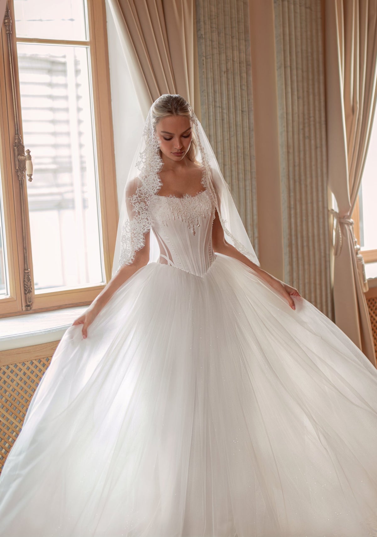 Tulle Ball Gown Wedding Dress with Spaghetti Strap Corset and Lace Mantilla Veil - photo 4