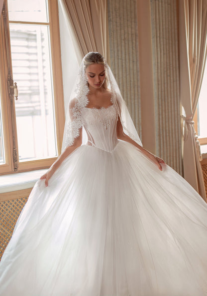 Tulle Ball Gown Wedding Dress with Spaghetti Strap Corset and Lace Mantilla Veil - photo 4