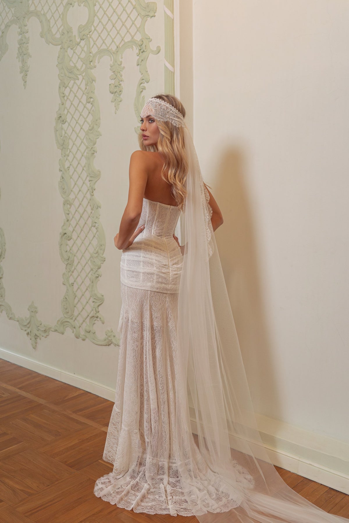 Strapless Corset Wedding Dress with Draped Asymmetric High-Low Lace Skirt - photo 4