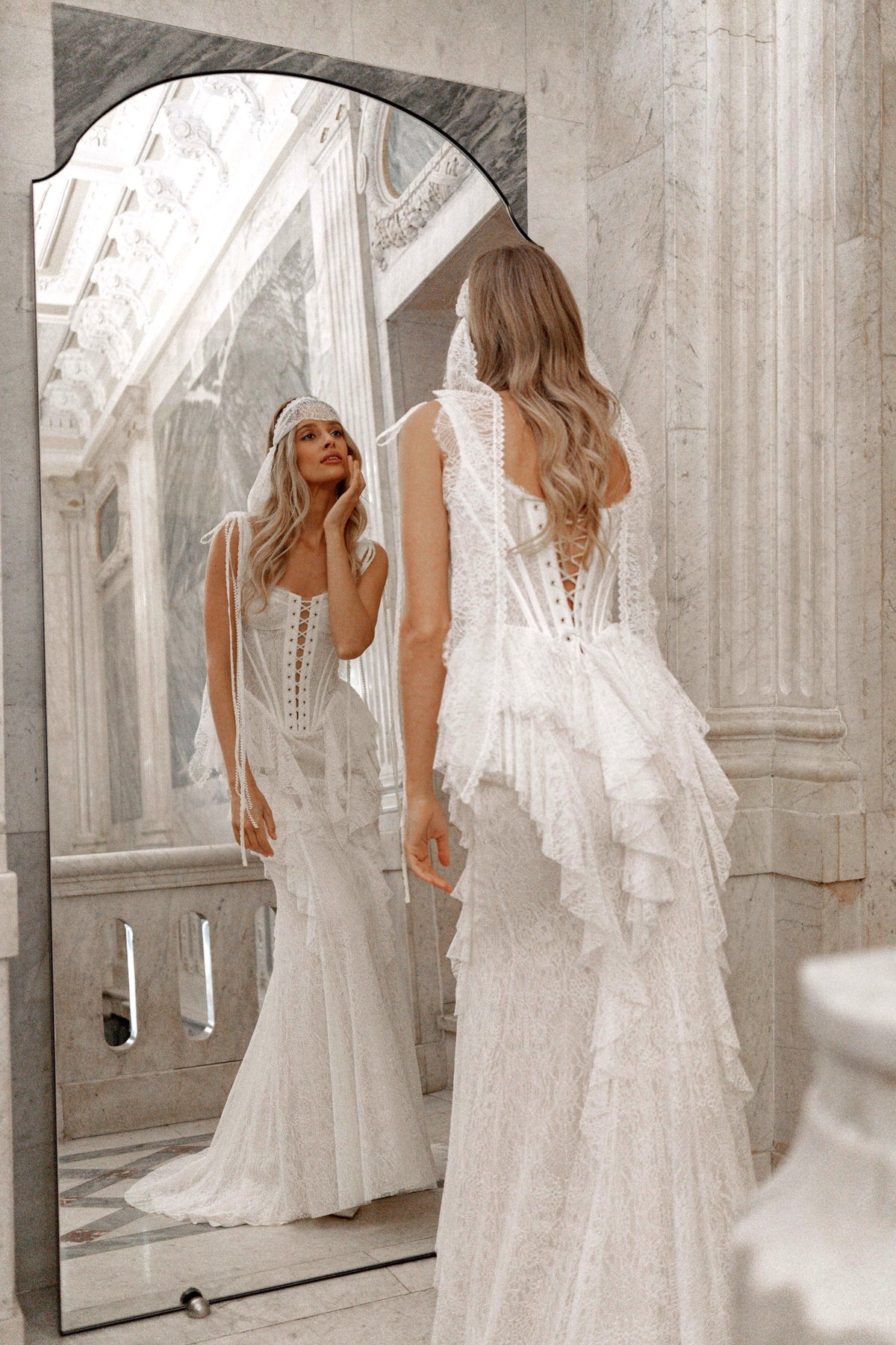 Lace Mermaid Wedding Dress with Square Neckline, Beaded Straps and Lace Ruffles - photo 4