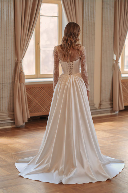 Lace Mermaid Wedding Dress with High-Neck Sleeves and Detachable Satin Corset Overskirt - photo 4