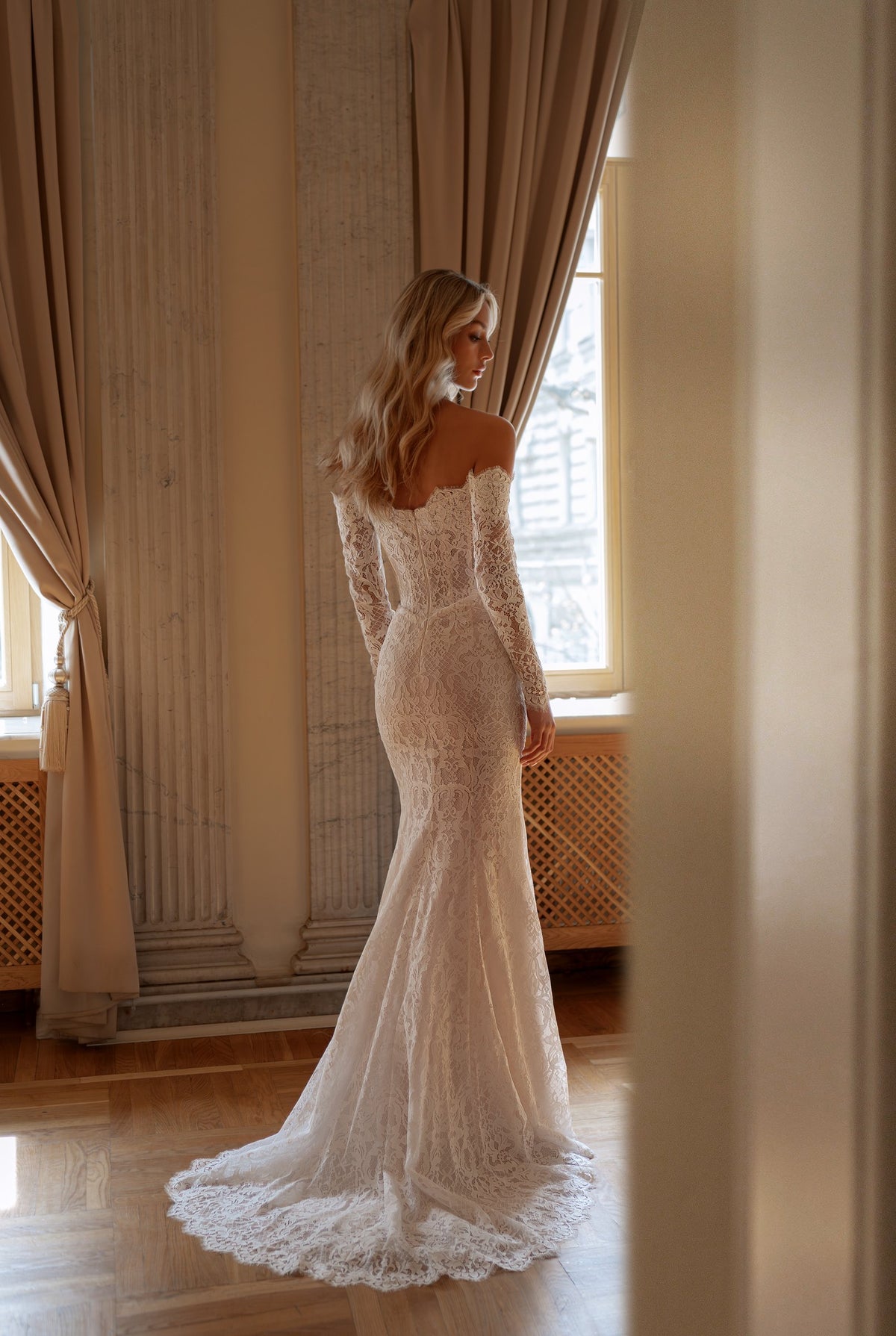 Strapless Lace Mermaid Wedding Dress with Long Sleeves and Detachable Satin Train - photo 5