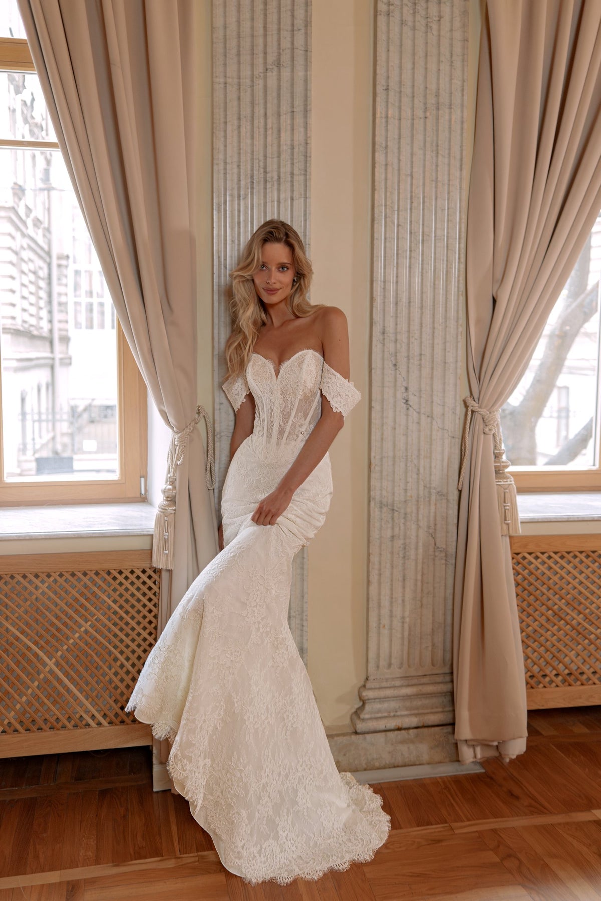 Off-Shoulder Lace Mermaid Wedding Dress with Peplum and Detachable Organza Overskirt - photo 5