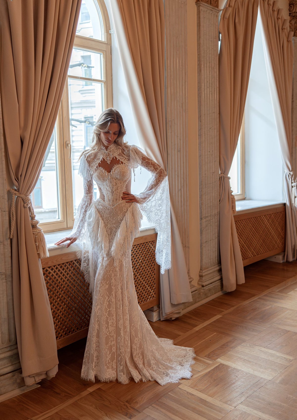 Lace Mermaid Wedding Dress with Removable Flared Bell-Sleeve Bolero - photo 5