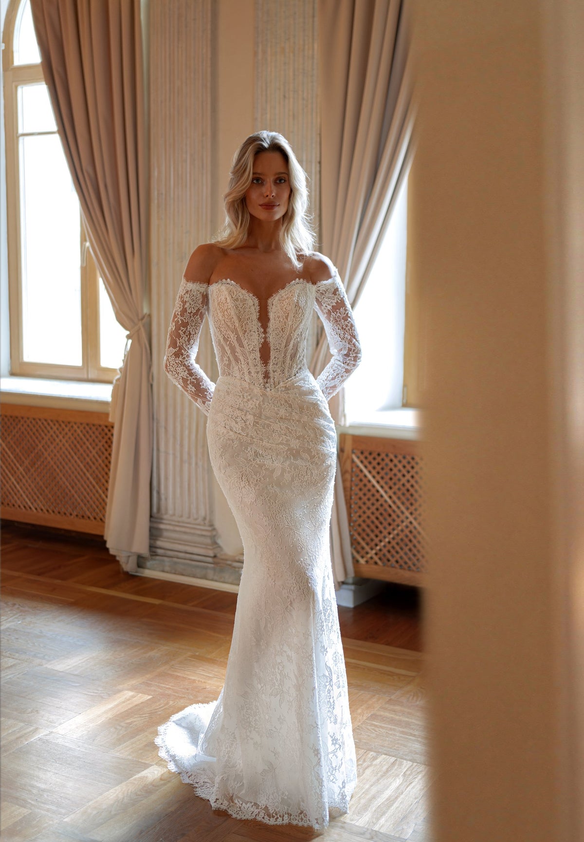 Lace Mermaid Wedding Dress with Plunging Illusion Corset and Sheer Lace Sleeves - photo 5