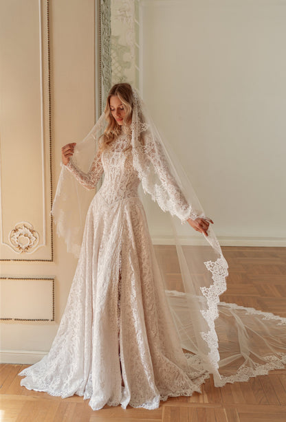 Lace A-Line Wedding Dress with High-Neck Long Sleeves, Corset Bodice and Slit - photo 5