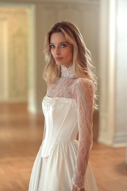 Lace Mermaid Wedding Dress with High-Neck Sleeves and Detachable Satin Corset Overskirt - photo 5