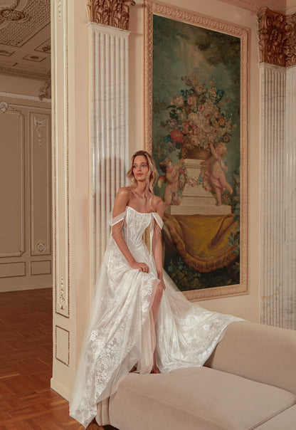 Off-Shoulder Lace A-Line Wedding Dress with Tulle Overlay and Pearl Straps - photo 5