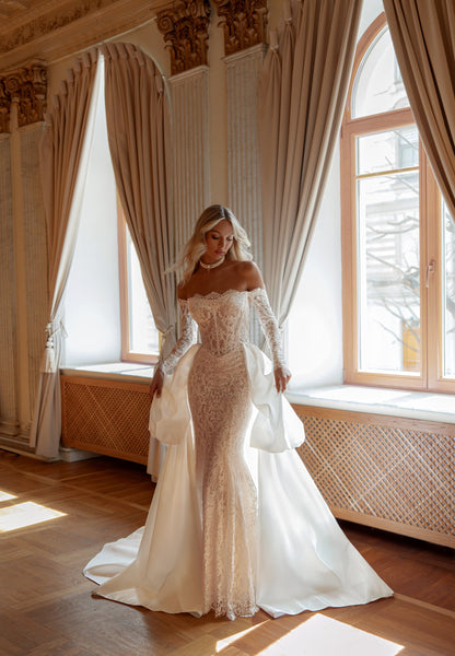 Strapless Lace Mermaid Wedding Dress with Long Sleeves and Detachable Satin Train - photo 6