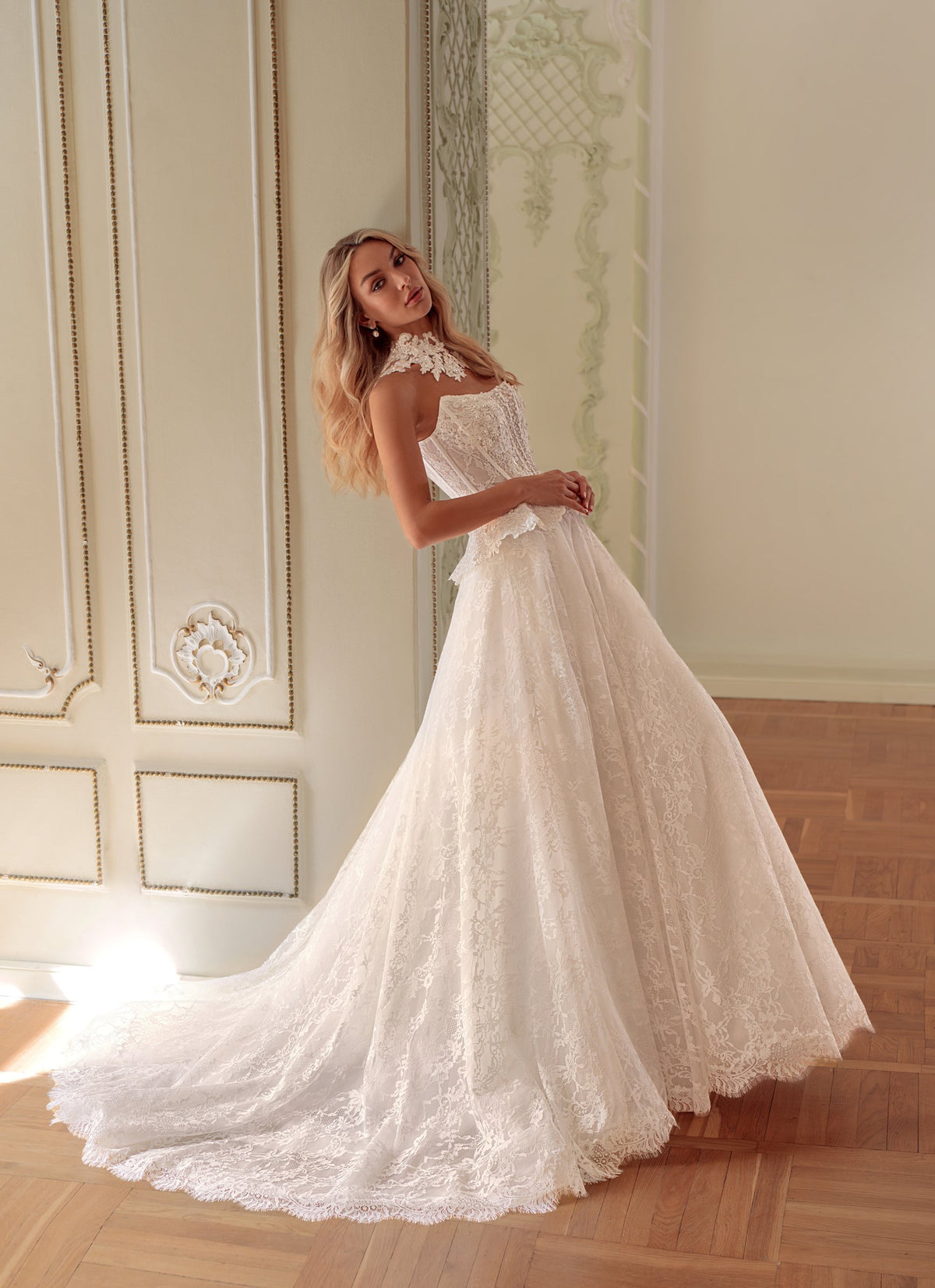 Strapless Sheer Corset Lace Ball Gown Wedding Dress with Peplum, Slit and Lace Choker - photo 6