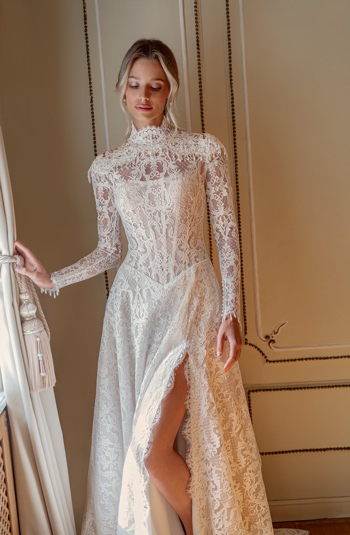 Lace A-Line Wedding Dress with High-Neck Long Sleeves, Corset Bodice and Slit - photo 6